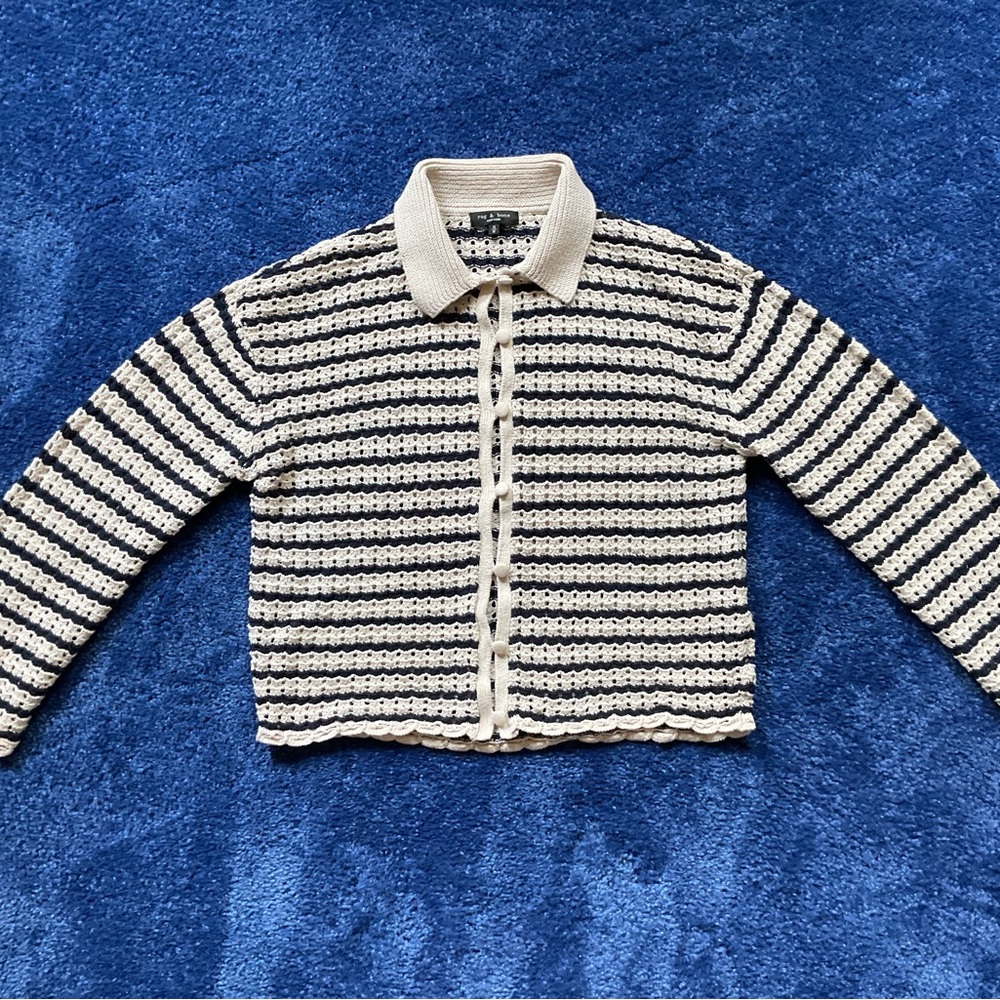 rag & bone Cream and Navy Striped Crochet Cardigan